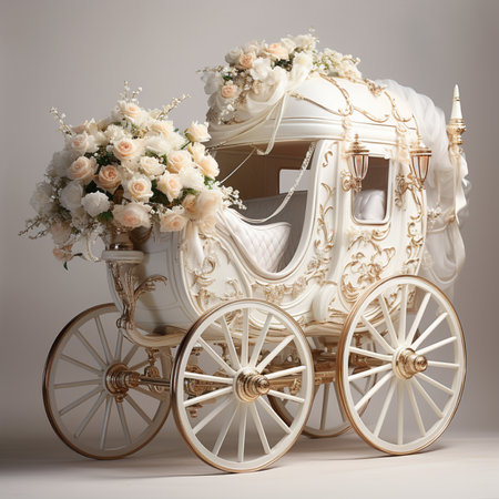 A luxurious white carriage decorated with lush floral arrangements of cream and peach roses and flowing white drapery.の素材