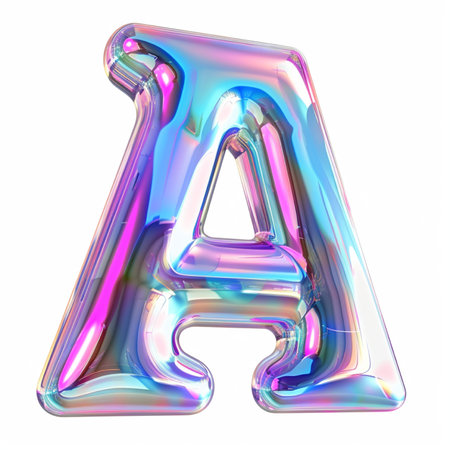 A luminous, holographic letter A rendered in 3D, shimmering with rainbow colors and soft light, isolated on a clean white backdrop.の素材