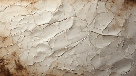 A detailed, high-resolution image of old, crumpled paper featuring prominent creases and scattered brown stains, creating a distressed texture.の素材