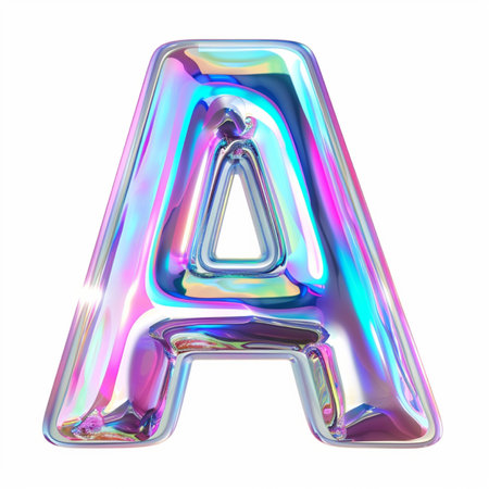 A shiny, metallic, 3D letter A with iridescent rainbow colors and realistic reflections, presented on a clean white background.の素材