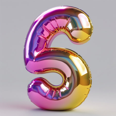 A glossy, inflatable number 5 balloon with a vibrant, shimmering color gradient. Isolated on a clean, light gray studio background.の素材