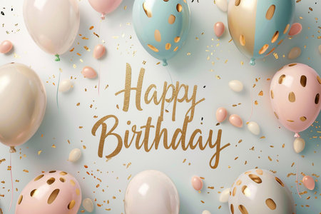 Golden 'Happy Birthday' text with pastel balloons and confetti. Festive, elegant design for celebrations.の素材