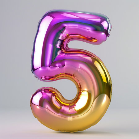 A shiny, iridescent balloon shaped like the number 5, featuring a gradient of pink, purple, and gold. Perfect for celebrations and party decor.の素材