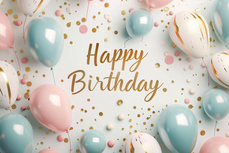 A delightful Happy Birthday greeting card design featuring pastel balloons, golden confetti, and glittering accents on a clean background.の素材