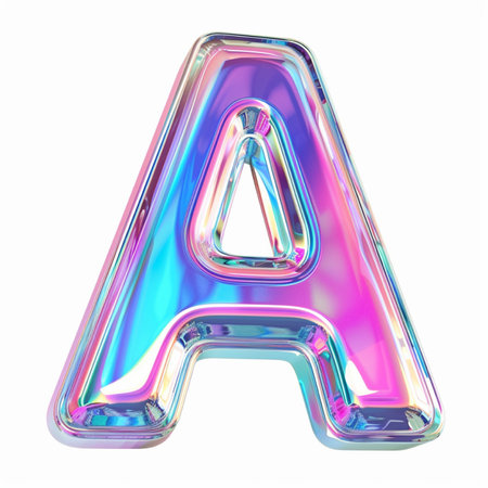 A vibrant 3D render of the letter A with a glossy, holographic, and iridescent finish. This bold alphabet character shines with a spectrum of colors.の素材