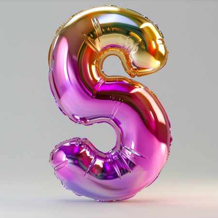 A shiny, colorful balloon shaped like the letter S, with a gradient of pink to gold, against a neutral gray backdrop.の素材
