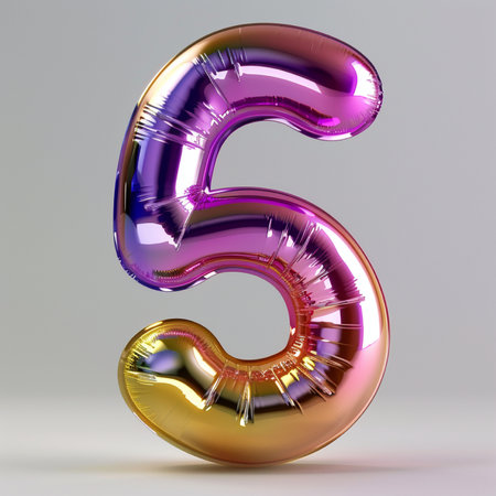A glossy, inflatable balloon shaped like the number 5, displaying a gradient of purple, pink, and gold hues, set against a neutral gray backdrop.の素材