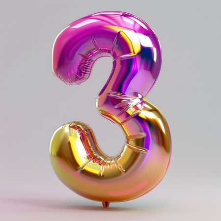 A 3D render of a shiny, iridescent balloon shaped like the number 3, with pink and gold hues, on a plain gray background.の素材