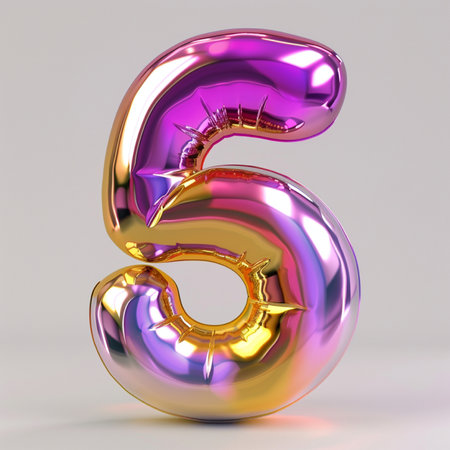A shiny, iridescent balloon shaped like the number 6, floating in a studio with a seamless gray backdrop and dramatic lighting.の素材
