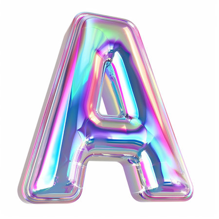 A shiny, iridescent 3D letter A balloon in rainbow colors, isolated on a white background. Perfect for creative projects.の素材