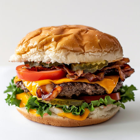 A delicious and mouthwatering bacon cheeseburger with fresh lettuce, tomato, pickles, and melted cheddar cheese, served on a golden toasted bun.の素材
