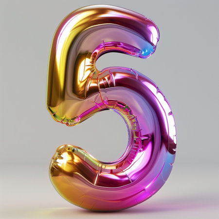 A shiny metallic balloon shaped like the number 5, featuring a dynamic iridescent chrome finish with a spectrum of rainbow colors, isolated on a light gray backdrop.の素材