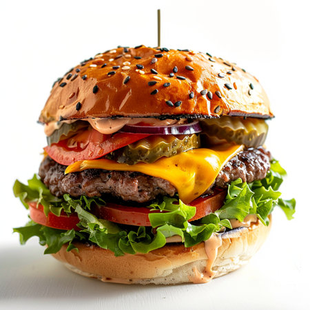 A mouthwatering, fully loaded beef burger featuring a thick patty, rich cheese, crisp vegetables, and a seeded bun, presented against a clean white background.の素材