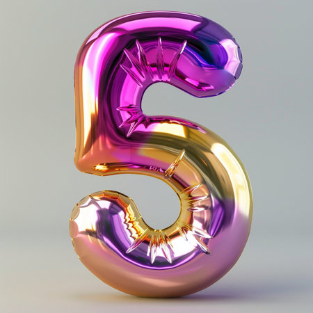 A shiny, iridescent foil balloon shaped like the number 5, featuring a gradient of metallic pink, purple, and gold.の素材