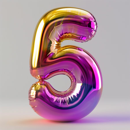 A single, glossy balloon shaped like the number 6, displaying a vibrant iridescent sheen of gold and magenta.の素材