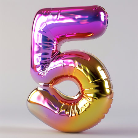 A shiny, iridescent foil balloon shaped like the number 5, featuring a vibrant gradient of pink, purple, and gold, perfect for celebrations.の素材