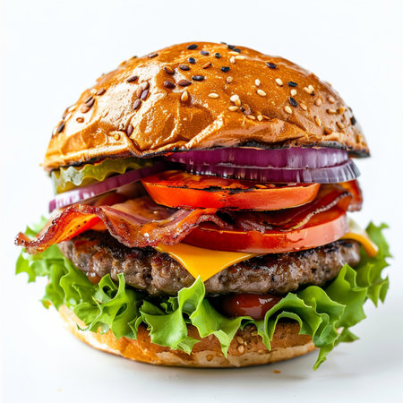 A delicious and appetizing gourmet burger featuring layers of fresh ingredients including lettuce, crispy bacon, ripe tomato, red onion, pickles, and melted cheese.の素材