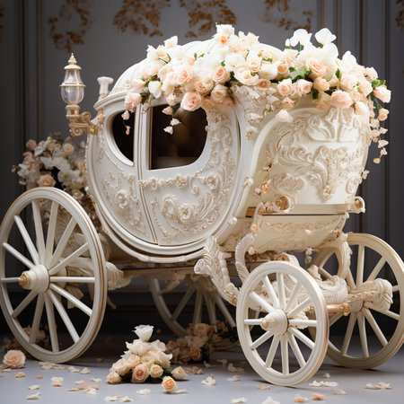A beautifully crafted, ornate white carriage covered in a profusion of delicate roses and intricate floral details, exuding elegance and charm.の素材
