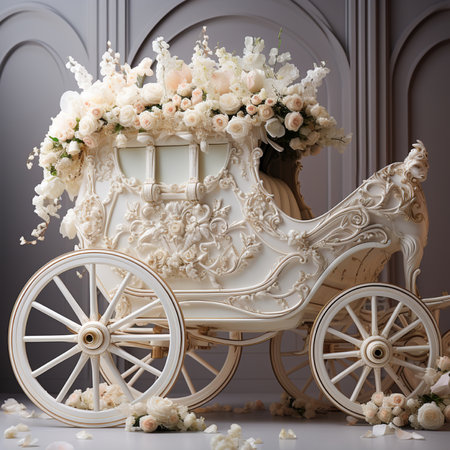 An exquisite white carriage, richly decorated with intricate carvings and overflowing with beautiful white and peach roses and blossoms, a stunning floral centerpiece.の素材