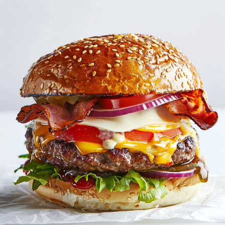 A delicious, stacked cheeseburger featuring fresh ingredients like crispy bacon, ripe tomatoes, red onions, pickles, and a golden sesame seed bun.の素材