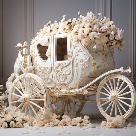 An ornate white carriage decorated with abundant white roses and scattered petals, symbolizing romance and luxury.の素材
