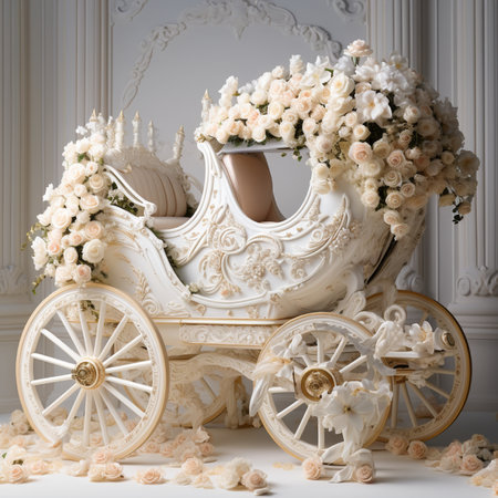 A grand, ornate white carriage lavishly decorated with lush cream roses and detailed floral accents, evoking elegance and fantasy.の素材