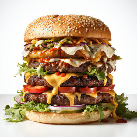 A colossal triple-decker burger loaded with juicy beef patties, melted cheddar cheese, crisp lettuce, ripe tomatoes, and pickles, served on a sesame seed bun.の素材