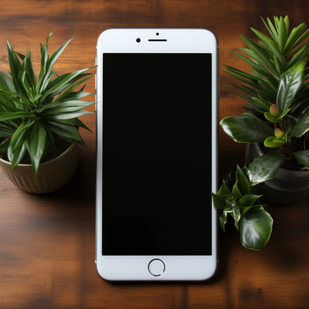 A sleek white smartphone with a black screen is centrally placed on a rich wooden table, flanked by two vibrant green potted plants, creating a natural and tech-savvy aesthetic.の素材