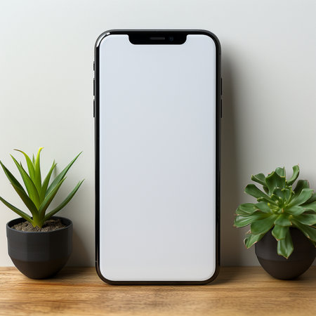A clean and minimalist mockup featuring a modern smartphone with a blank white screen, placed on a wooden surface alongside two small potted plants.の素材