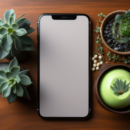 A clean and modern flat lay of an iPhone mockup, surrounded by healthy succulent plants and a vibrant green apple on a wooden surface.の素材