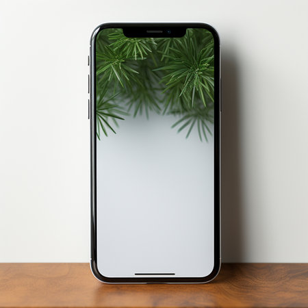 A sleek smartphone rests on a wooden surface, showcasing a vibrant green plant wallpaper under soft, natural lighting. Minimalist aesthetic.の素材