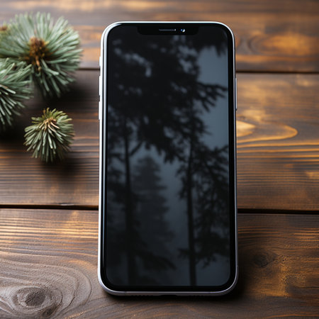A sleek, modern smartphone is placed on a textured wooden table, with soft-focus pine sprigs adding a natural touch to the composition.の素材