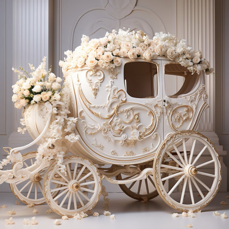 An exquisite, antique-style white carriage adorned with a profusion of cream roses and elegant floral embellishments, perfect for fairytale themes.の素材