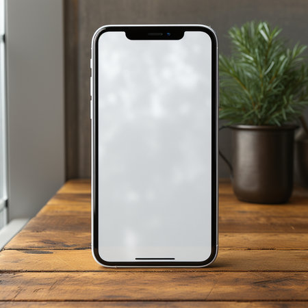 A sleek, modern smartphone rests on a textured wooden table, its blank screen reflecting light.の素材