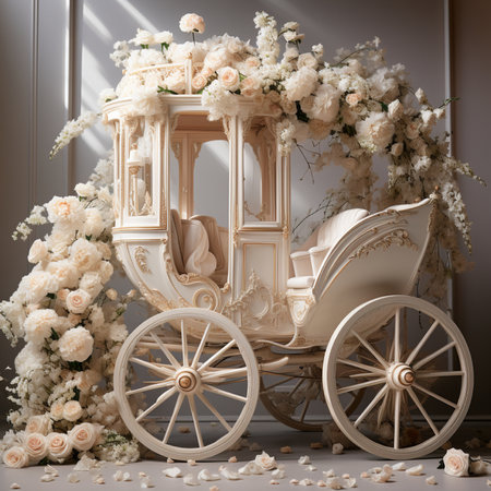 Wedding carriage with white flowers. Wedding decor. 3d renderingの素材