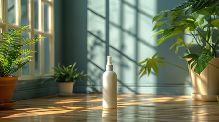 Cosmetic bottle mockup on the background of green houseplantsの素材