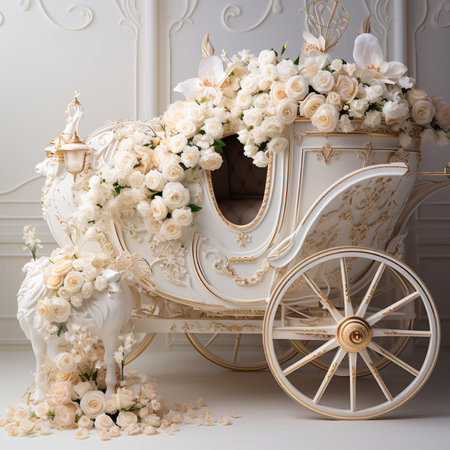 A luxurious white carriage, richly decorated with cream roses and a white stag sculpture, evokes a fairytale fantasy setting.の素材