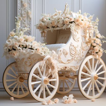 A vintage white carriage lavishly decorated with numerous soft peach and white roses, creating a romantic and luxurious aesthetic.の素材