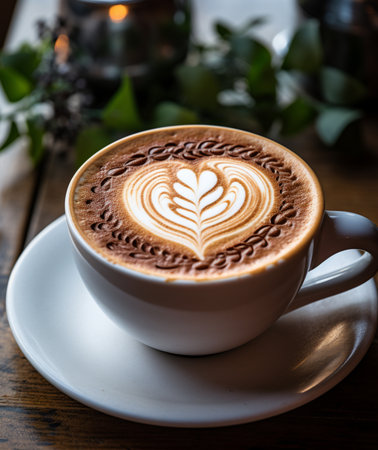 Coffee cup with latte art on wood table, stock photoの素材
