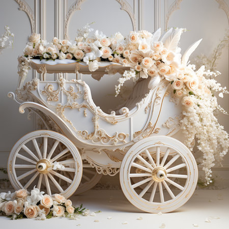 Wedding carriage decorated with white flowers. Wedding decor. Luxury interiorの素材