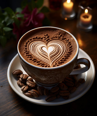 Cup of coffee latte art with heart shape on wooden tableの素材