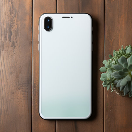 Top-down view of a sleek white smartphone with a dual camera on a textured wooden surface, accompanied by a vibrant succulent plant.の素材