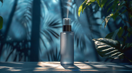Cosmetic bottle on a background of tropical plants and palm leaves.の素材