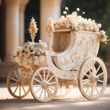 An exquisite vintage carriage, lavishly decorated with white roses and intricate gold details, perfect for elegant events.の素材