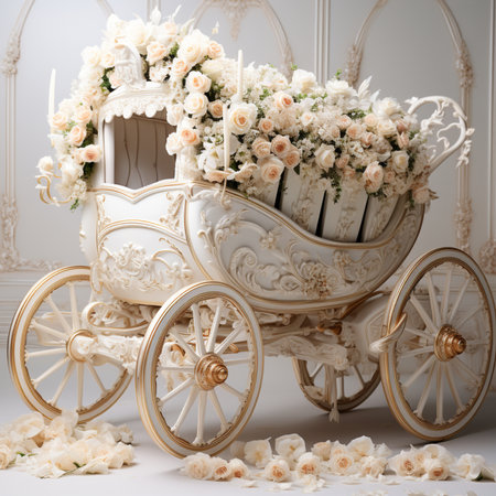 Wedding carriage decorated with white roses. Wedding decoration. Vintage style.の素材