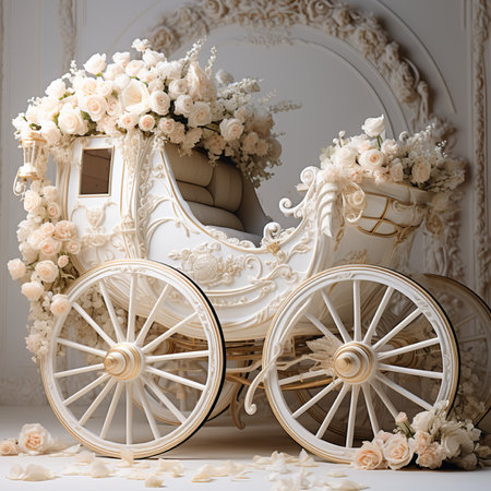 An exquisite white carriage, lavishly decorated with cream roses and floral accents, perfect for elegant events.の素材