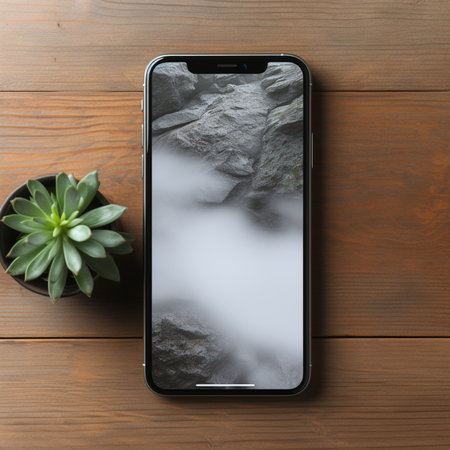 Overhead view of a sleek iPhone showcasing a foggy mountain scene wallpaper, placed on a textured wooden surface with a potted succulent.の素材