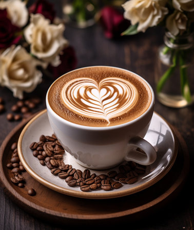 Cup of coffee with latte art on wooden table with flowersの素材