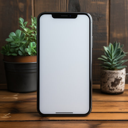Clean, minimalist mockup of a modern smartphone with a white screen, set on a textured wooden surface, surrounded by green potted plants.の素材