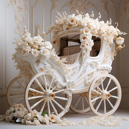 Wedding carriage decorated with white flowers. 3D rendering.の素材